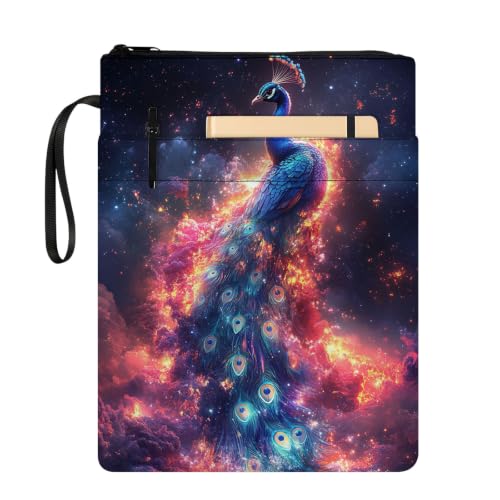 Padded Book Sleeve with Zipper & Front Pocket, Fabric Book Cover | Fantasy Nebula Peacock Bird11.4"x8.7" Washable Canvas Pouch for Hardcovers, Tablets & Reading Accessories - color: Fantasy Nebula Peacock Bird