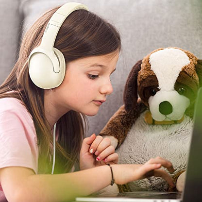 LORELEI E5 Wired Headphones for Kids Foldable & 3.5mm Jack Tangle Free Nylon Wire Stereo On Ear Headsets for Kids/Children/School/Tablet/Ipad/Kiddle/Plane (Beige White) - color: Beige White