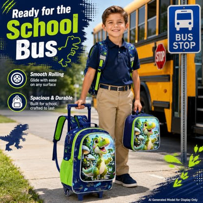 CCJPX 18" Dinosaur Rolling Backpack for Boys, 3Pcs Kids Wheeled Bookbag with Lunch Box, Lightweight Roller School Bag for Elementary Preschool(Green) - color: Green Dinosaur02