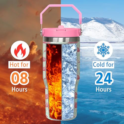 30 oz Flamingo Tumbler with Handle, Large Insulated Tumbler with Flip & Straw Coffee Mug Cup Stainless Steel Gifts for Women Men Youth - color: Flamingo
