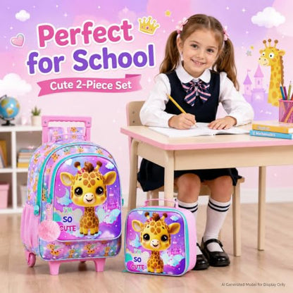 HPJGD 3PCS Giraffe Rolling Backpack for Girls, Kids School Backpacks with Wheels, Water Resistant UV Printed Roller Wheeled Bookbag Set - color: Glittering Priting Yellow Giraffe Rolling Backpack