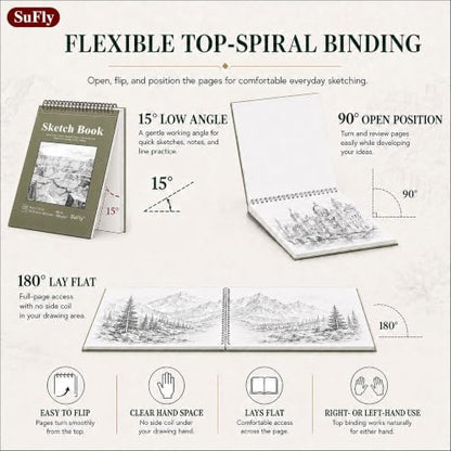 SuFly Sketch Book 9x12, Drawing Paper Pad-68lb/100gsm, Top Spiral Sketchbook Hardcover, 100 Sheets Sketch Pad for Kids Classroom Art Supplies for Adults-Sketchpad for Drawing, Illustration & Art Stuff