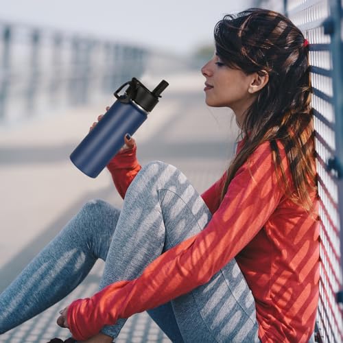 Volhoply 20oz Insulated Stainless Steel Water Bottle with Straw Lid, Kids Wide Mouth Double Wall Vacuum Cups with Handle,Reusable Outdoor Sports Metal Bottles,Travel Flask Keep Cold&Hot(Navy,1) - color: Nvay