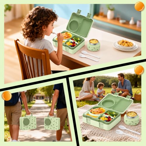 Kids Lunch Box with Thermo, Leakproof Bento Box for Kids with 8OZ Insulated Food Jar, Ice Pack, Sauce Cup, Utensils, Removable Tray & Dividers for School Daycare Travel (Dinosaurs) - color: Dinosaurs