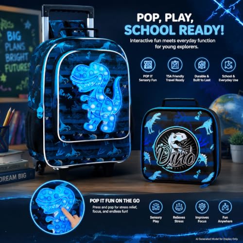AGSDON 3PCS Rolling Backpack Boys, Kids Roller Wheels Bookbag, Wheeled School Bag with Lunch Bag - Dinosaur Bule - color: Blue