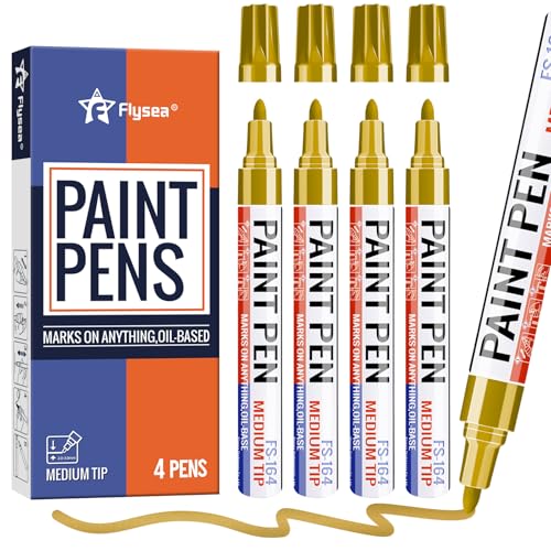 Gold Paint Pens Permanent Marker Pen 4 Pcs Waterproof Oil Based Paint Markers 3mm Medium Round Tip Quick-drying Paint Marker Pens for Rock Painting, Black Paper, Metal, Tyre, Glass, Wood - color: Gold
