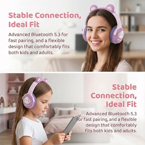 [65H Playtime] Cute Animal Ear Kids Bluetooth Headphones for Girls Women, Wireless Headphones with Microphone, Foldable Over-Ear Headset for School Travel, Purple - color: Purple