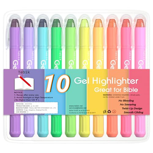 Tebik Gel Highlighter, 10 Colors Bible Safe Highlighter Study Kit, Highlighters Assorted Colors, Twistable Design, No Bleeding Great for Journaling, Highlighting and Study