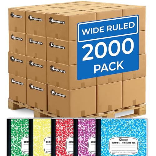 Rosmonde Composition Notebooks Bulk, 2000 Pack, Wide Ruled, Color Marble | Full Pallet of Notebooks, 100 Sheets/200 Pages, 9-3/4 x 7-1/2, Bulk Notebooks for School, College & Office, 4-7 Days Transit - size: 2000 Pack | Full Pallet, style: Wide Ruled - Co