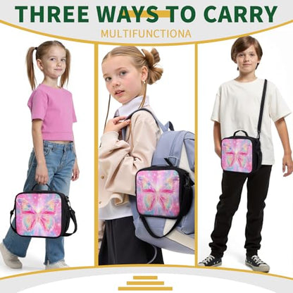 Butterfly Lunch Box for Girls Pink Purple Galaxy Shining Stars Lunch Bag with Shoulder Strap for Kids Teens Durable Large Capacity Insulated Lunchbox Thermal Meal Bag for School Travel - color: A-Butterfly