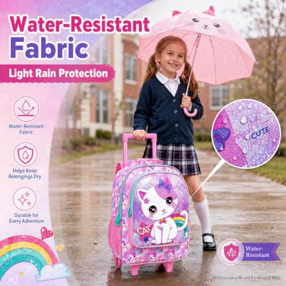 gxtvo Girls Rolling Backpack, Cute Cat Roller Wheels Kids Bookbag - Wheeled Elementary School Bag - 3PCS Cat - color: Uv Printing White Cat Rolling Backpack