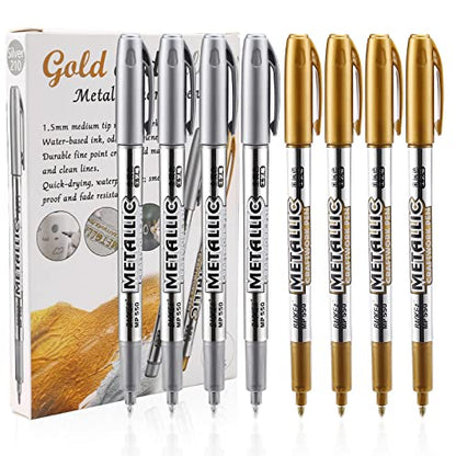 Gold and Silver Marker Metallic, Fine Point Gold and Silver Markers Permanent Metallic for Artist Illustration, Crafts, Gift Card Making, Scrapbooking, Fabric, DIY Photo Album, 8 Count - color: Gold and Silver