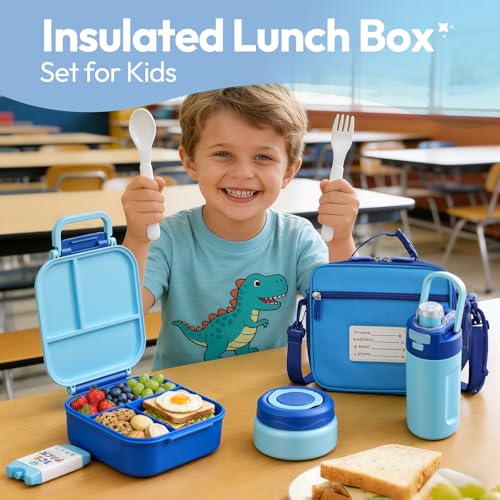 Itslife Bento Box for Kids Set, Insulated Food Container,Kids Lunch Box, 7 oz Thermos for Hot Food, 12 oz Thermos Water Bottle, Reusable Insulated Ice Bag & Fork Spoon Utensils Camping Travel Blue - color: Blue
