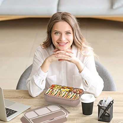 Bento Box Adult Lunch Box, Containers for Adults Men Women with 4 Compartments, Lunchable Food Container with Utensils, Sauce Jar, Muffin Liners, 40 Oz/5 Cup, Microwave & Dishwasher Safe, Brown - color: Brown