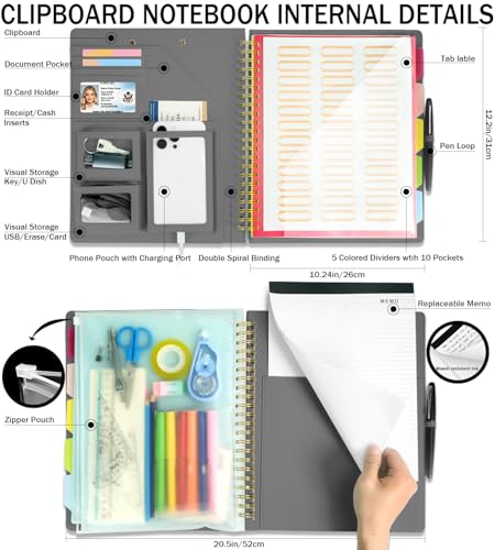 Grey Foldable Spiral Clipboard Folio with Storage Zipper Pouch, 5 Plastic Folders with Pockets,Refillable Lined Notepad (8.5" x 11"), Hardcover Project Organizer with 39 Stickers - color: Gray