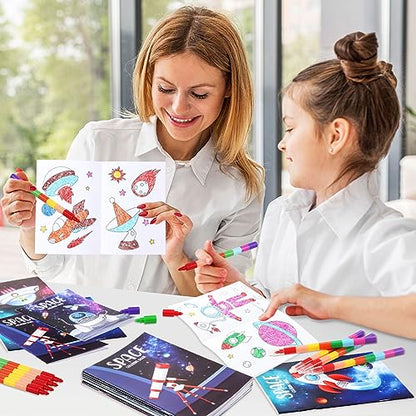BenLouis 24 Outer Space Mini Coloring Books Kids with 24 Stacking Crayons Astronaut Party Favors Activity Books Bulk for Kids Solar System Galaxy Alien Goodie Bag Gift Stuffer Classroom Reward - style: Space