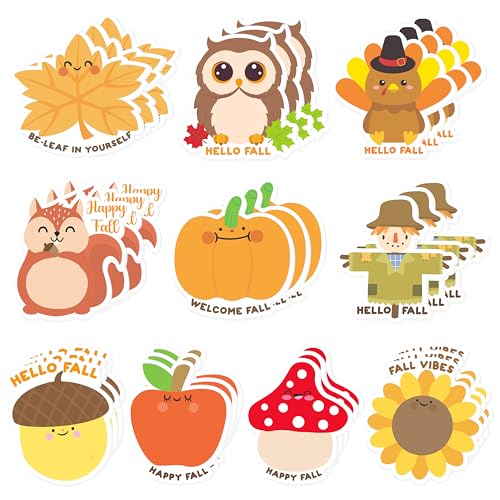 Xqumoi 30 Pack Welcome Fall Sticky Notes - Total 600 Sheets - Thanksgiving Turkey Pumpkin Scarecrow Self Sticky Writing Memo Pads for Autumn Party Favors Office School Supplies Goodies Bag Filler - style: Fall