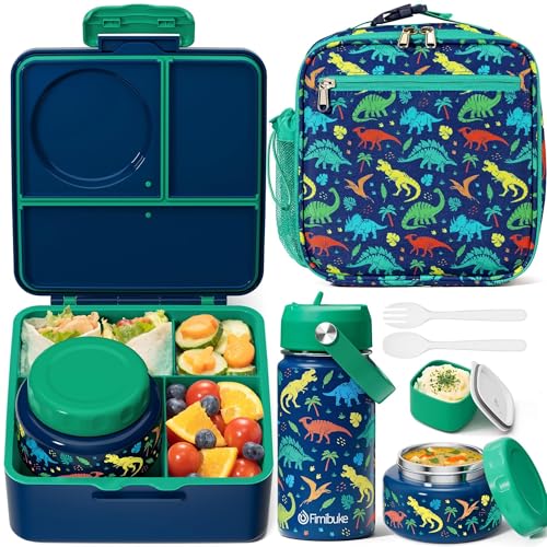 Fimibuke Bento Box for Kids Adult - Leakproof 3-4 Compartments Lunch Bento Box Set with Insulated Food Jar, Water Bottle, Lunch Bag, Sauce Cup & Cutlery for Toddler Teen Shcool Girl Boy Age 3+ - color: A2.Dinosaur