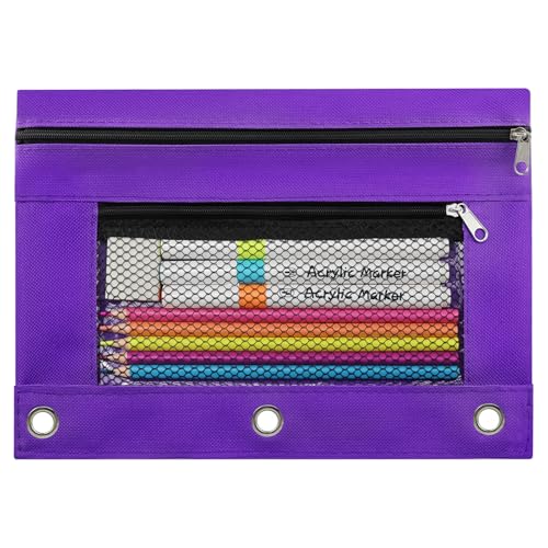 3 Ring Pencil Pouch for Binder, 2-Pocket Zipper Pencil Case with Clear Window & Mesh Pocket, Heavy Duty 600D Oxford Fabric Binder Pouch for School Office Supplies, Fits Standard 3-Ring Binders, Purple - color: Purple