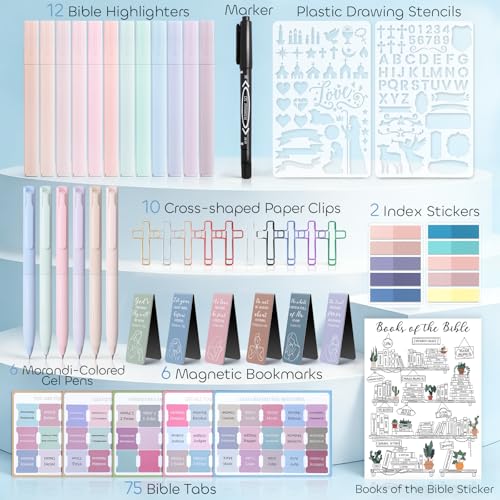 53 Pcs Bible Study Supplies, Bible Study Kit Journaling Supplies with 12 Bible Highlighters No Bleed and Tabs, 6 Pens, 6 Bookmarks, Books of the Bible Sticker and More, Christian Gifts for Women - color: Morandi