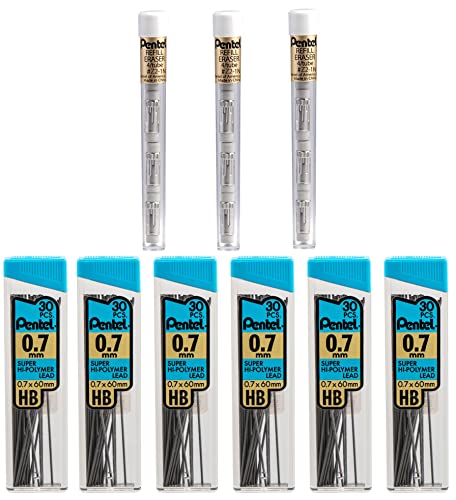 Pentel Super Hi-Polymer HB 0.7mm Lead Refills and Latex-Free White Erasers | 6 Packs of 30 Leads & 3 Packs of 4 Latex-Free White Erasers, Mechanical Pencil Refills