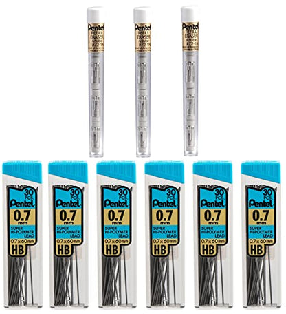 Pentel Super Hi-Polymer HB 0.7mm Lead Refills and Latex-Free White Erasers | 6 Packs of 30 Leads & 3 Packs of 4 Latex-Free White Erasers, Mechanical Pencil Refills
