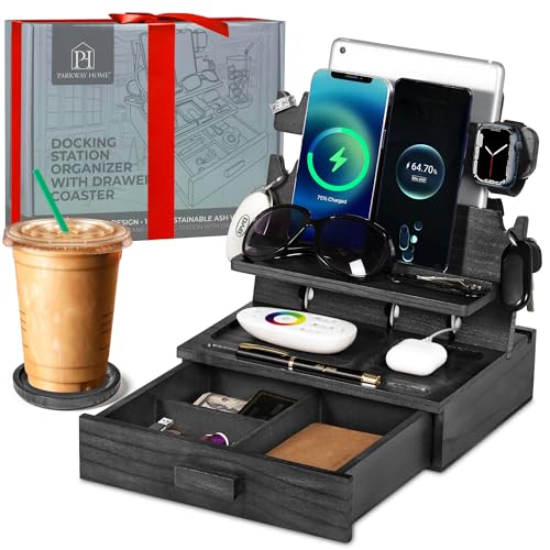 Black Wood Phone Docking Station for up to 3 Phones - Nightstand Organizer with Drawer for Valuables for Men & Women, Compatible With Apple Watch, Holds Phones, Tablets, Keys, Rings, Glasses, EDC - color: Black, size: Standard Drawer, For Apple Watch