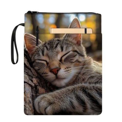 Padded Book Sleeve with Zipper & Front Pocket, Fabric Book Cover | Cute Sleeping Tabby Cat Tree11.4"x8.7" Washable Canvas Pouch for Hardcovers, Tablets & Reading Accessories - color: Cute Sleeping Tabby Cat Tree