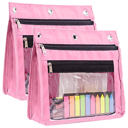 YoeeJob 2 Pack 1 Inch Expandable Zipper Pencil Pouches with Clear Window for 3 Ring Binder, Suitable for School & Office (Pink) - color: Pink