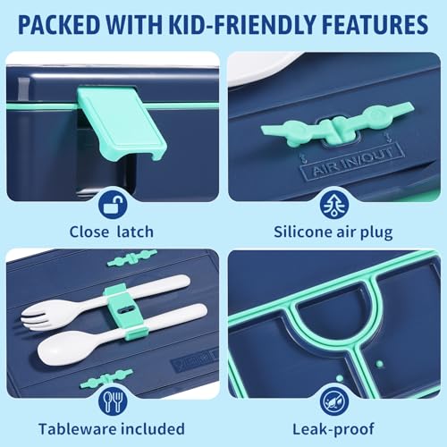 rockpapa Chill Bento Box for Kids- Large 5.5 Cups Lunch Box with Ice Pack - 5 Compartments, BPA-Free, Leak Proof, with Utensils & Portable Handle, Microwave/Dishwasher Safe (Blue Dinosaur) - color: Blue Dinosaur