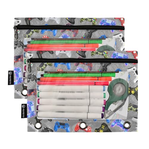 Gamepad Pencil Pouch for 3 Ring Binder, Binder Pencil Pouches with Clear Window Zipper Pencil Case for Office College Supplies, 2PCS (B0313) - color: B0313