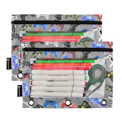 Gamepad Pencil Pouch for 3 Ring Binder, Binder Pencil Pouches with Clear Window Zipper Pencil Case for Office College Supplies, 2PCS (B0313) - color: B0313