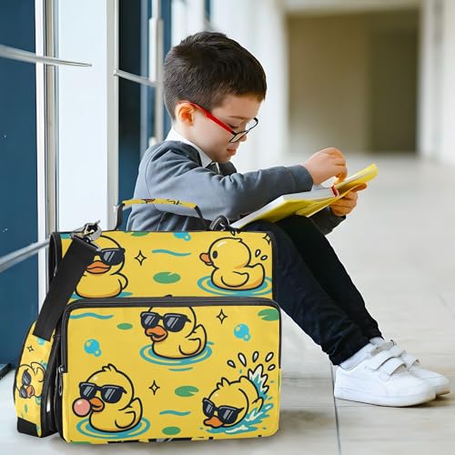 Cartoon Rubber Duck Wear Sunglasses Zipper Binder Organizer with Shoulder Strap Multi-Pocket 1.5 Inch 3 Rings Pencil Case Portfolio Binder Home Travel Cards Storage Container - color: Cartoon Rubber Duck Wear Sunglasses
