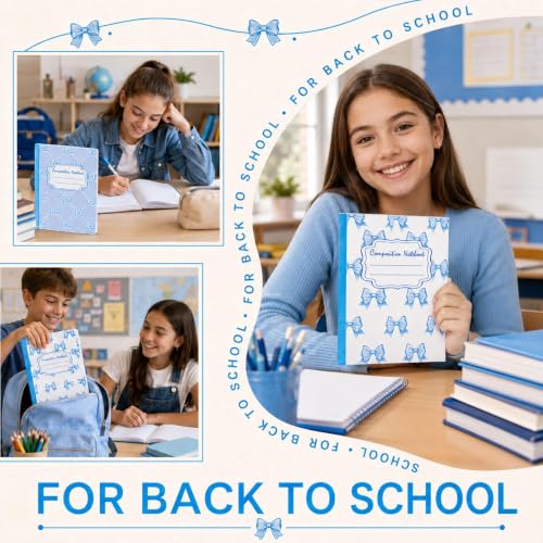 6 Packs 112 Pages Composition Notebook for Back to School 7-1/2" x 9-3/4" | Cute Blue Bow Composition Notebook College Ruled Bulk for First Day of School Offices - color: Blue