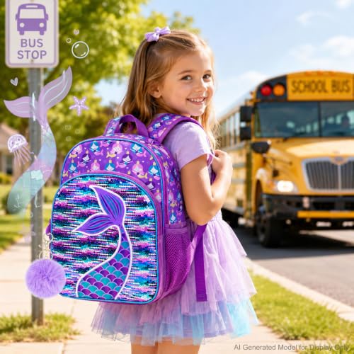 gxtvo 3PCS Girls Backpack, 16" Sequin Prechool Elementary Bookbag and Lunch Box - color: Fish Tail Purple