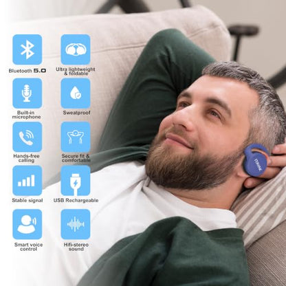 itayak Behind The Head Headphones, Wrap Around Head Small Bluetooth Headphones Lightweight Foldable Wireless Sports Sweatproof Headset with Microphone & Carrying Case - color: Blue