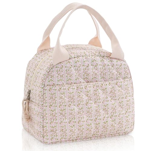 Lunch Bag for Women Insulated Cotton Quilted Lunch Box Reusable Cooler Bag Portable Cute Floral Leakproof Tote Bags for Travel, Work, and Picnic, Stripe and Flower - color: Stripe and Flower, size: M