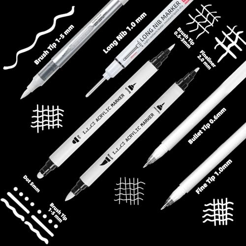 6Pcs White Acrylic Ink Pens for Black Paper– Fine Point White Gel Pens, Long Nib Marker, Dual-Tip Opaque Paint Pen, Brush Tip Acrylic Markers for Drawing, Sketching, Illustration, Card Making