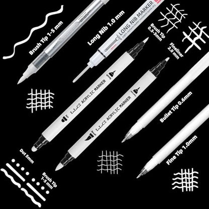 6Pcs White Acrylic Ink Pens for Black Paper– Fine Point White Gel Pens, Long Nib Marker, Dual-Tip Opaque Paint Pen, Brush Tip Acrylic Markers for Drawing, Sketching, Illustration, Card Making