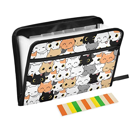 Expanding File Folder Cat Cartoon with 13 Multicolored Pockets A4 Size Document Organizer with Color Labels Zipper Closure Portable Filing Pouch - color: Pattern 10