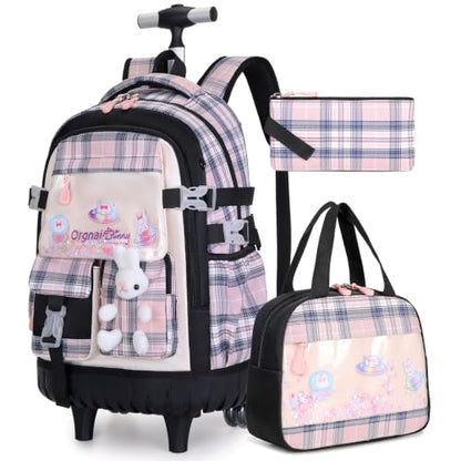 FIXITOK Rolling Backpack for Girls, Kawaii Bunny Roller Wheels School Backpacks with Lunch Bag Pencil case, Wheeled Suitcase Bookbag for Elementary Travel Plaid-Blackpink - color: Plaid-blackpink