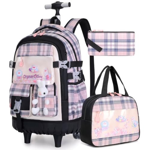 FIXITOK Rolling Backpack for Girls, Kawaii Bunny Roller Wheels School Backpacks with Lunch Bag Pencil case, Wheeled Suitcase Bookbag for Elementary Travel Plaid-Blackpink - color: Plaid-blackpink