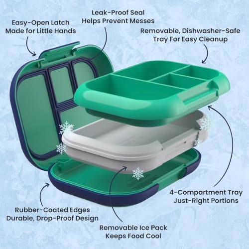 Bentgo Chill Kids Leakproof Lunch Box - 4-Compartment Bento Box with Built-In Ice Pack, 3.3 Cup Capacity, BPA-Free, Microwave & Dishwasher Safe Tray, Ages 3–7 (Green/Navy) - color: Green/Navy