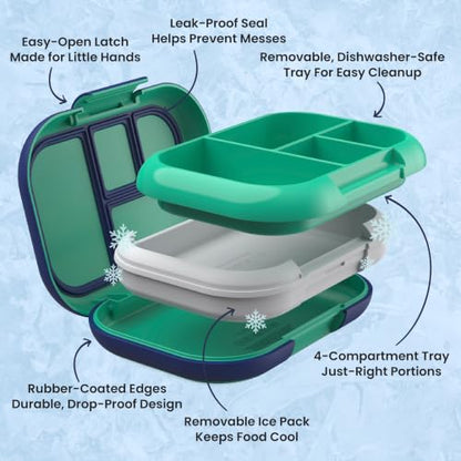 Bentgo Chill Kids 4-Compartment Bento Box Leakproof Lunch Box | Built-In Ice Pack, 3.3 Cup Capacity, BPA-Free, Microwave & Dishwasher Safe Tray, Ideal for Ages 3–7 (Green/Navy) - color: Green/Navy