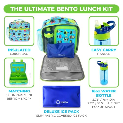 kinsho Bento Lunch Box and Insulated Bag, Water Bottle & Ice Pack Set for Kids Toddlers, 4 Portion Sections, Removable Tray, Pre - School Kid Toddler Daycare, Snack Container, Robot - color: Robot Set