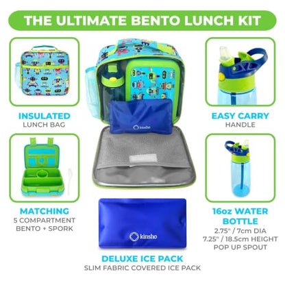 kinsho Bento Lunch Box and Insulated Bag, Water Bottle & Ice Pack Set for Kids Toddlers, 4 Portion Sections, Removable Tray, Pre - School Kid Toddler Daycare, Snack Container, Robot - color: Robot Set