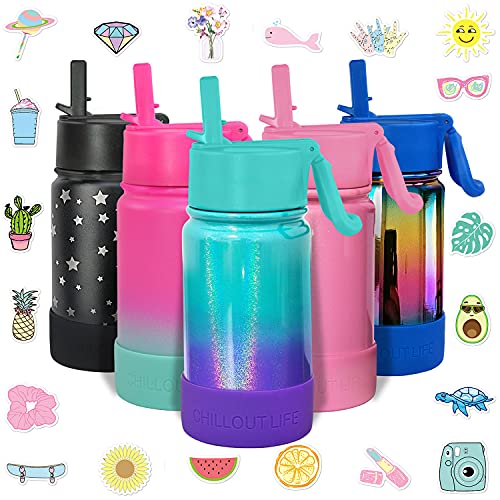 CHILLOUT LIFE 12oz Kids Insulated Stainless Steel Water Bottle with Leak Proof Straw Lid & 144 Stickers - color: Mermaid Sparkle, style: 12 oz