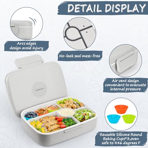 Bento Box Adult Lunch Box, Kid Lunch Box Contaiers for 5 Compartmets, Lunch Containers with 3 Silicone Baking Cups, Leakproof, Dishwasher and Microwave Safe, BPA-Free (Grey) - color: Gray