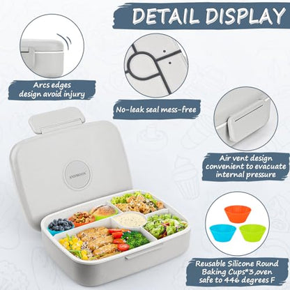 Bento Box Adult Lunch Box, Kid Lunch Box Contaiers for 5 Compartmets, Lunch Containers with 3 Silicone Baking Cups, Leakproof, Dishwasher and Microwave Safe, BPA-Free (Grey) - color: Gray