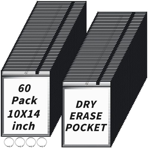 60 Packs Dry-Erase Pockets Bulk Oversized Reusable Dry Erase Pocket Sleeves with 4 Rings, 10x14 Black Ticket Holders, Clear Plastic Sheet Protectors, Teacher School Classroom Supplies - color: Black, size: 10 X 14"-60 PCS